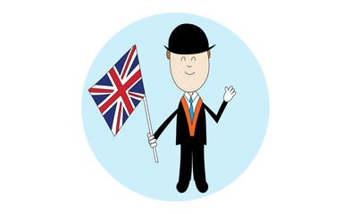 Gentleman wearing bowler hat holding union jack flag