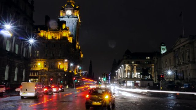 Edinburgh Night Time Lapse - Princes Street Traffic Time-lapse, Long Exposure Light-trails. Looking West Along Princes Street.