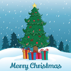 Christmas Tree And Gift With Snowflake Or Snow Island And Tree Background