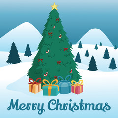 Fototapeta premium Christmas Tree With Gift Around A Tree In Snow Island