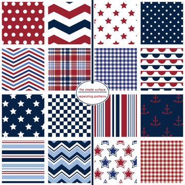 Red, white and blue seamless pattern set. Repeating patterns for fabric, gift wrap, scrapbooking, backgrounds and more. Anchors, stars, stripes, and polka dot patterns.  Nautical prints.