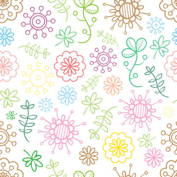 Seamless summer  floral  pattern on dark background. Vector contour image. Doodle style. Meadow with colorful flowers.