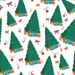 Seamless Pattern Christmas Tree With Decoration And Gift