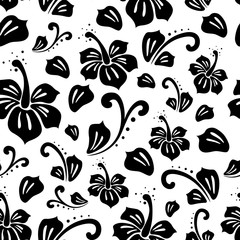 Seamless Pattern Of Black And White Hibiscus Flower