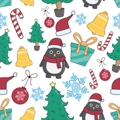Seamless Pattern Of Christmas Icons Or Elements With Color And Doodle Style