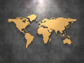 Golden world map on concrete wall. 3D rendering.
