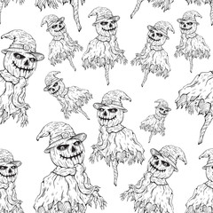 Seamless Pattern Of Halloween Scary Scarecrow With Sketchy Style