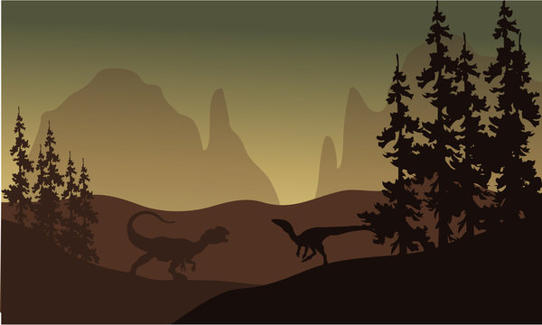 Silhouette of allosaurus and Eoraptor