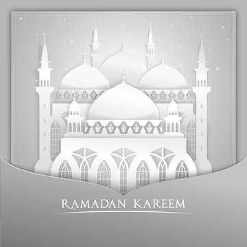 Vector 3D mosque muslim Paper Graphic Greeting Card. Translation Ramadan Kareem