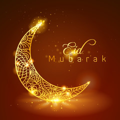 Eid Mubarak with Glow Gold Floral Pattern on Crescent