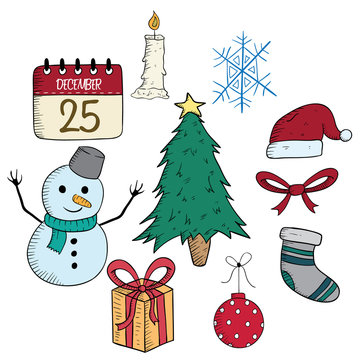 Set Of Christmas Icons Or Elements With Color And Doodle Style