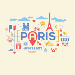 Paris France icons and typography design for cards, banners, t-shirts, posters