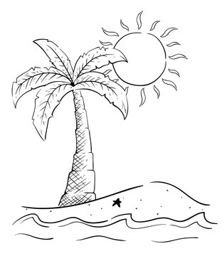 Sketchy Palm Tree On The Beach With Ocean Wave And Sun