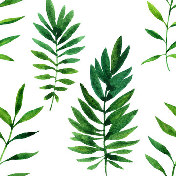 vector seamless pattern with watercolor green leaves
