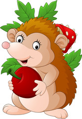 Cute baby hedgehog holding apple
