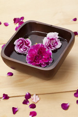 carnation flower in wooden bowl with water