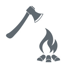 Camping flat icons. Firewood,  ax and campfire symbols