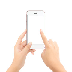 close up hand touching on phone isolated white clipping path ins