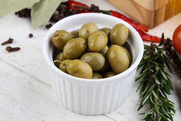Green olives in the bowl