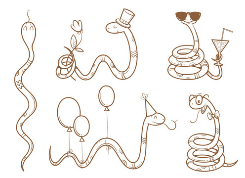 Cartoon cute snakes set. Five funny animals in different poses. Collection of reptiles. Children's illustration. Vector contour image. Birthday set. Transparent background.