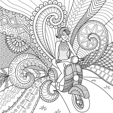 Girl driving scooter clean lines doodle design for coloring book for adult