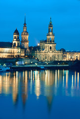Dresden, Hofkirche and Castle Towers at night with reflection