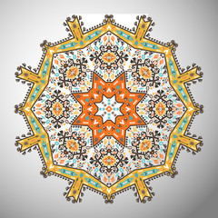 Ornamental round colorful geometric pattern in aztec style