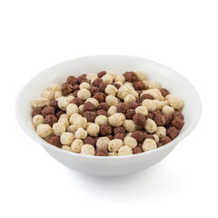 Corn flakes breakfast cereal in a white and brown bowl