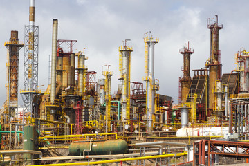 Industry vertical steaming pipe. Group of colored tubes, Canary islands, Tenerife
