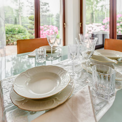Elegant and stylish porcelain table setting for dinner
