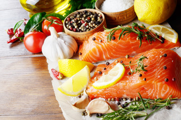 Raw salmon on baking paper