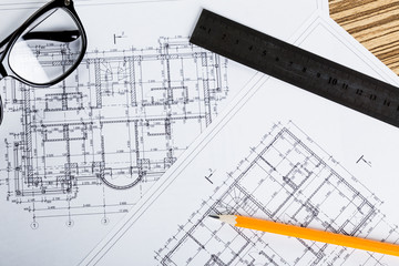 Architect worplace top view.