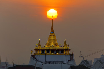 Golden Moutain Temple with sunset in Bangkok province ,Thailand