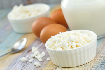 Fresh cottage cheese, eggs and milk.