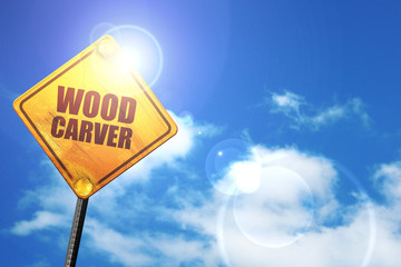 wood carver, 3D rendering, a yellow road sign