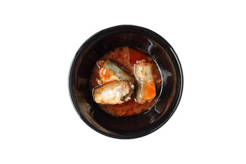 canned mackerel tomato sauce in black bowl isolated on white bac