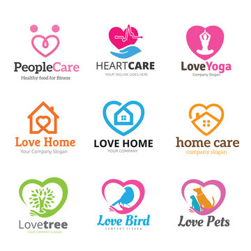 Love care and heart symbol logo set for Eco, home, pets, real estate brand identity