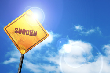 Sudoku, 3D rendering, a yellow road sign