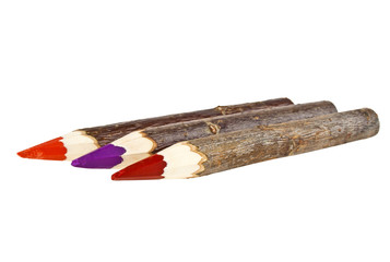Group of bark covered branch multicolored pencils on wooden back