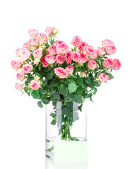 Bouquet of roses in the vase on white background
