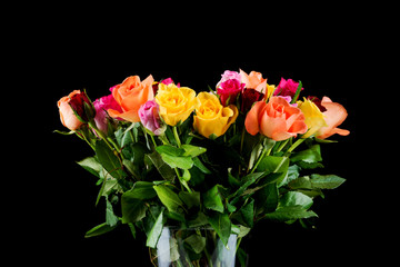 Bouquet of roses in the vase on black background