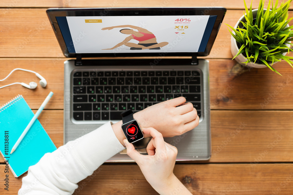 Sticker close up of woman with smart watch and laptop