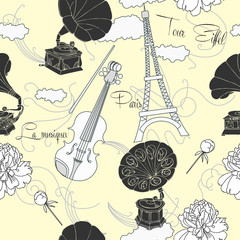 Seamless pattern with  Paris and music