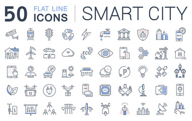 Fototapeta na wymiar Set Vector Flat Line Icons Smart City