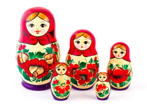 Russian nesting dolls. Babushkas or matryoshkas. Set of 5 pieces
