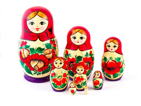 Russian nesting dolls. Babushkas or matryoshkas. Set of 8 pieces