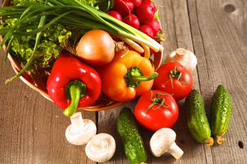 Vegetables . Fresh Bio Vegetable in a Basket. Over Nature Background
