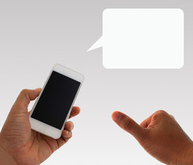 a man using hand holding the smartphone and thumb up