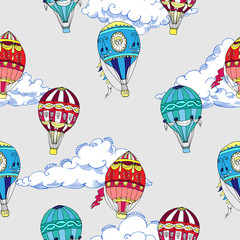 Seamless pattern with clouds and hot air ballons