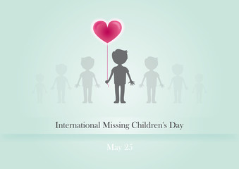 International Missing Children´ s Day vector. Vector illustration of a day of lost children. Child with a balloon on a green background